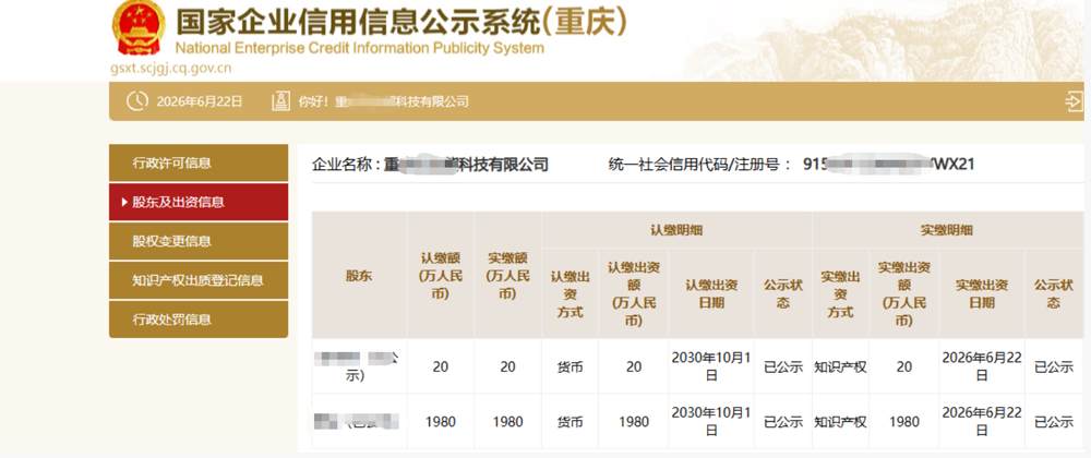 重庆某科技公司2000万知识产权实缴案例